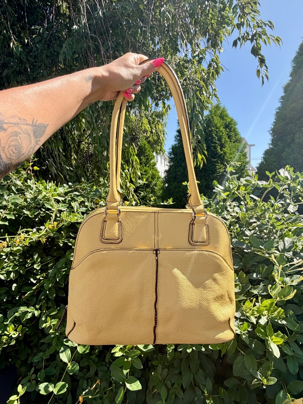 Tignanello Yellow Multi-Pocket Leather Satchel Shoulder Bag Purse